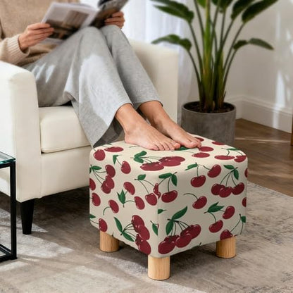 Cute Cherry Print Stretch Square Ottoman Cover Nonslip Elastic Band Bottom Footrest Stool Cover Protector for Square Ottoman 13x13x15 Inch - color: Cute Cherry