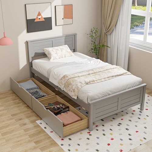 Giantex Wood Twin Bed with 2 Storage Drawers, Solid Wood Platform Bed with Headboard, Wooden Slats Support Mattress Foundation, No Spring Needed, Twin Bed Frame for Kids, Teens, Adults, Grey - color: Grey, size: Twin