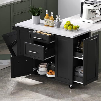 50.7" Kitchen Island with Storage Tilt Trash Can Cabinet and Pull Out Cabinet Organizer, Rolling Kitchen Island on 5 Wheels with Drop Leaf (Black/tt) - color: Black/Tt)