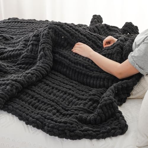 Battilo Chunky Knit Throw Blanket for Couch, 50"x60", Charcoal | Hand Knit, Dark Grey Throw Blanket, Cozy Warm Thick Soft Chenille Throw Blanket for Bed, Sofa, Living Room - color: Charcoal
