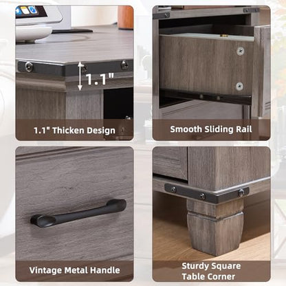 Farmhouse Night Stand with Charging Station, Grey | 2 Drawers End Tables Bedroom, Bedside Table with Metal Handles & Solid Wood Foot & Open Shelf - color: Grey