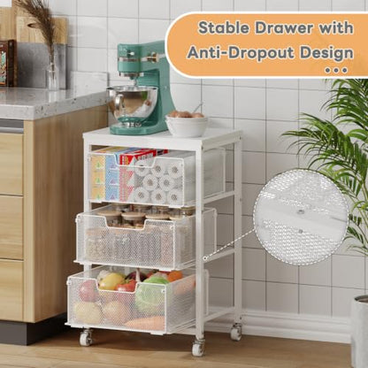 Kitchen Cart with Storage, 3-Tier Pantry Organizer and Storage Cart with Drawer, Fruit Vegetable Storage Cart with Wheels, Wooden Top Metal Wire Kitchen Organizer Rack Stand for Snack Onion Potato - size: 3-Tier White