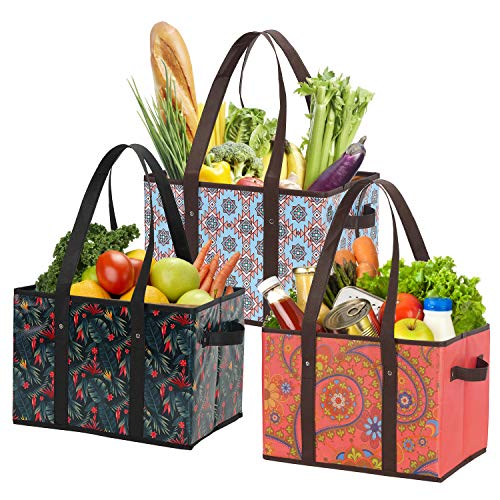 Foraineam Reusable Grocery Bags Set Durable Heavy Duty Tote Bag Collapsible Grocery Shopping Box Bag with Reinforced Bottom - color: Multicolor / 3 Pack