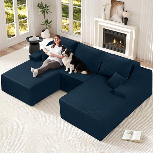 U Shaped Modular Sectional Couch for Living Room, Modular Cloud Sofa with Ottoman, No Assembly Boneless Couches with Deep Seat, Corduroy Fabric (Blue, Right Facing) - color: Corduroy Blue, size: 94" U-Shaped Sofa-R