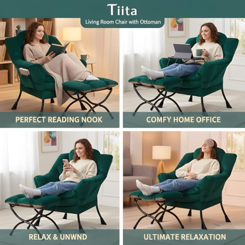 Lazy Chair with Ottoman, Comfy Reading Accent Chair, Velvet Green | Foldable Footrest, Padded Seat and Backrest, Side Pocket for Lounging in Living Rooms, Bedrooms, Dorms and Small Spaces - color: Green
