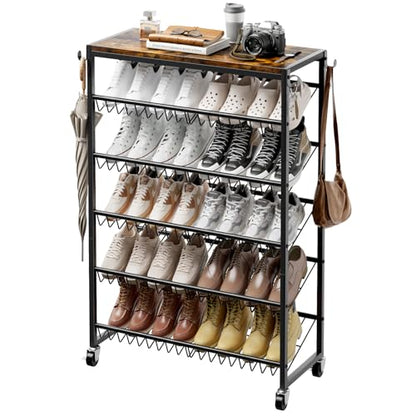 6 Tier Rotating Vertical Shoe Rack Tower, Wooden Shoe Storage Organizer with Hooks, Sturdy Metal Narrow Shoe Shelf for 18-24 Pairs, Vertical Shoe Organizer for Closet Entryway, Rustic Brown - size: 6-tier(27.8 × 11.2 × 38.6)