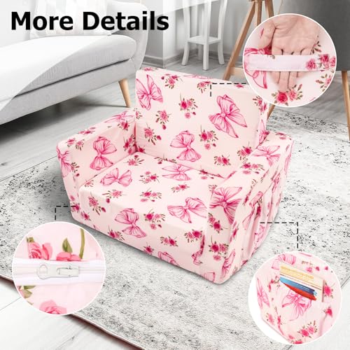 Kids Couch, 2-in-1 Kids Fold Out Couch | Convertible Sofa to Lounger for Girls and Boys, Soft Toddler Chairs Comfy 1-3 Years Old, Pink Bow - color: Pink Bow