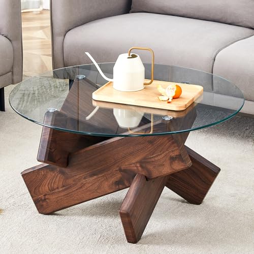 33.4" Round Glass Coffee Table, Minimalist Center Table with Tempered Glass Top and X-Shaped Wood Base for Living Room, Apartment, Small Space, Walnut Finish - color: Walnut, size: 33.4" X-Shaped