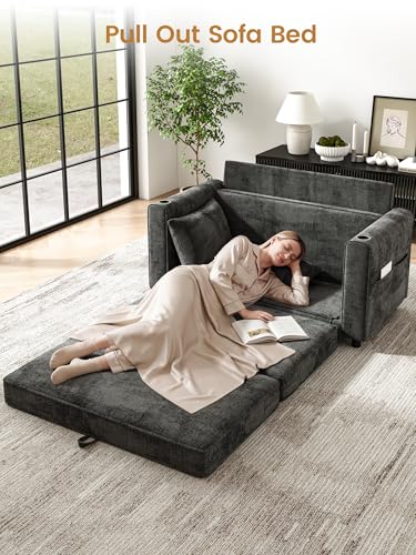 51" Loveseat Convertible Sofa Bed with Cup Holder, Small Couch 2 in 1 Pull Out Sleeper Couch, Floor Folding Couch Sofa with Two Pillows for Apartment, Living Room, Dorm (Grey) - color: Grey