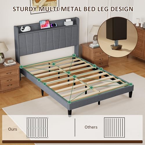 Queen Size Bed Frame with Headboard, Platform Bed with Upholstered Wingback Storage Headboard, Slats Support, No Box Spring Needed Dark Grey