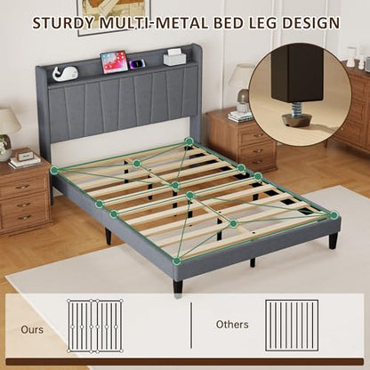 Queen Size Bed Frame with Headboard, Platform Bed with Upholstered Wingback Storage Headboard, Slats Support, No Box Spring Needed Dark Grey