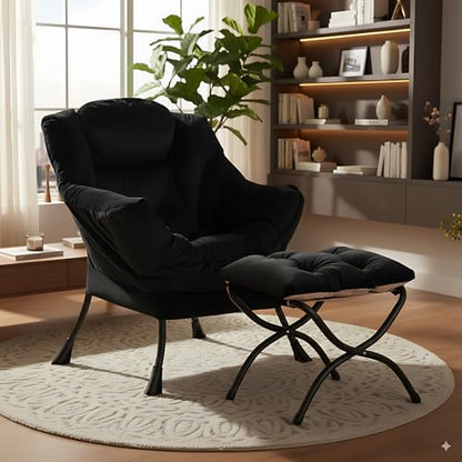 Lazy Chair with Ottoman, Comfy Accent Reading Chair, Velvet Black | Foldable Footrest,Removable Cover,with Armrests and Side Pockets,Upholstered Lounge Chair for Bedroom,Dorm,Office,Small Space - color: Velvet Black