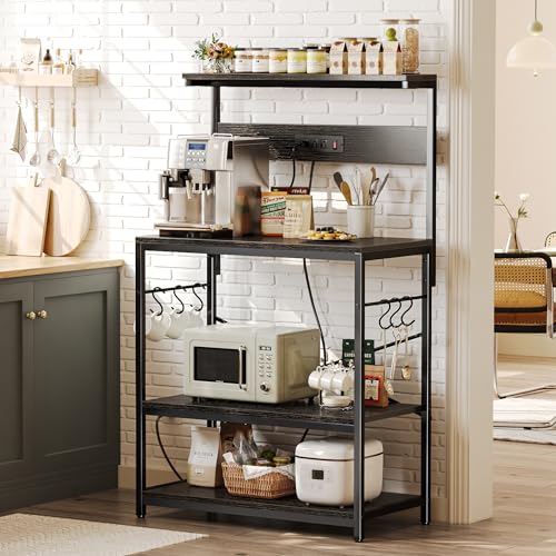 SUPERJARE Bakers Rack with Power Outlets, Microwave Stand, 31.5 X 16.5 Inch Larger Desktop, Kitchen Storage Rack with Adjustable Middle Shelf, 6 S-Shaped Hooks, Coffee Bar Stand, Black - color: Black, size: 31.5 inch