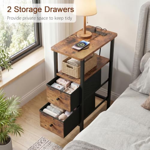 Narrow End Table with Charging Station, Small Nightstand | Skinny Side Tables Living Room with 2 Fabric Drawers, Slim Bedside Table for Bedroom, Small Spaces, Couch, Brown - color: Rustic Brown + Black, size: 23.22''H (2 Drawers), style: Power