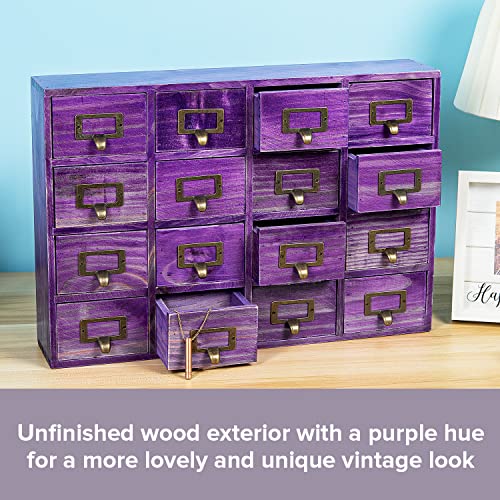 Purple 16-Slot Wooden Drawer Unit - Country Style Desk Organizer Box - 20"x3.6”x14” Wooden Storage Box w/ 16 Drawers - Countertop Drawers w/Label Holder & Handle - Slim 4-Level Organizer - color: 16 Drawer Plum Purple