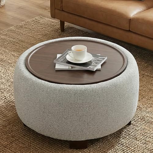 VKNOW 30" Round Storage Ottoman, Ottoman Coffee Table with Removable Wood Top and Solid Wood Legs for Living Room, Bedroom, Apartments (Beige) - color: Beige