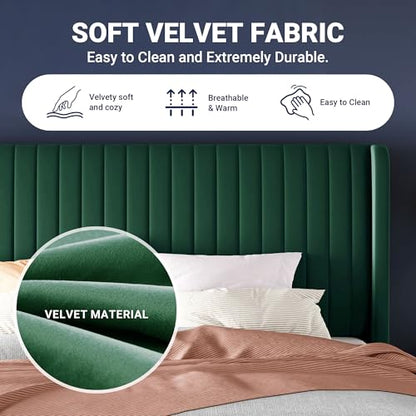 Allewie Queen Size Bed Frame/Velvet Upholstered Platform Bed/Vertical Channel Tufted Wingback Headboard/Strong Wooden Slats/No Box Spring Needed/Easy Assembly/Green - color: Green, size: Queen