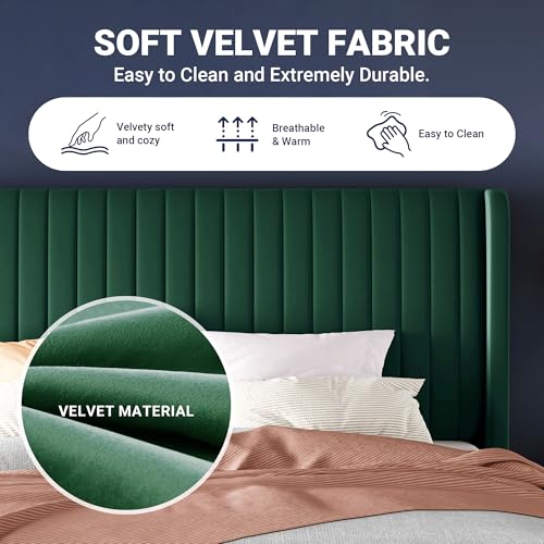 Allewie King Size Bed Frame/Velvet Upholstered Platform Bed/Vertical Channel Tufted Wingback Headboard/Strong Wooden Slats/No Box Spring Needed/Easy Assembly/Green - color: Green, size: King