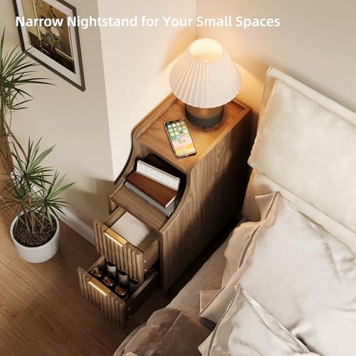 Fluted Nightstands Set of 2,Narrow Bedside Table with 2 Drawers & Storage, Farmhouse Walnut End Table Modern Side Table for Bedroom Livingroom Sofa Office - color: Walnut,7.9" With 2 Drawers