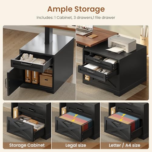 SEDETA Farmhouse L Shaped Standing Desk, 70.1" x 73.2" Height Adjustable Home Office Executive Desk with Drawers, Power Outlet, Monitor Stand, Sit Stand Table with Led Lights for Home Office, Black - color: Black