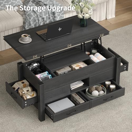 39.4" Lift Top Coffee Table 180° Flip Convertible Center with 4 Drawers Hidden Storage Silent Gas Multi-Function Rising Workstation for Living Room Apartment Home Office Black