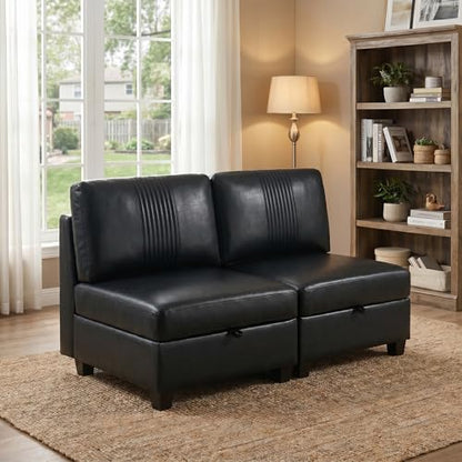 Modern 2 Seaters Modular Sofa with Storage & Sleeper Function, Comfy PU Loveseat Couches for Small Spaces - color: Black