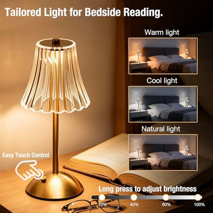 Gold Rechargeable Table Lamp [2 Pack], Cordless Touch LED Bedside Lamp with 3 Color Modes, USB Dimmable