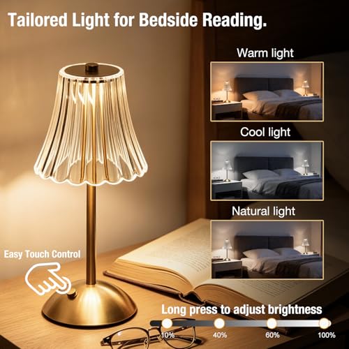 Gold Rechargeable Table Lamp [2 Pack], Cordless Touch LED Bedside Lamp with 3 Color Modes, USB Dimmable