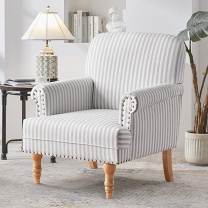 HUIMO Linen Fabric Accent Chair, Mid-Century Modern Armchair with Solid Wood Legs, Single Sofa Chair,Upholstered Reading Club Chair (1, Grey and White Stripe) - color: Light Grey and White Stripe