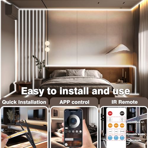 NUERPO 100FT COB Led Strip Lights, Uniform 6500K COB Rope Light,Bright Daylight White Lights,High Density,App/Remote Control,Indoor 24V Cuttable Cabinet Lights for Bedroom,Bookshelf,Showcase,Kitchen