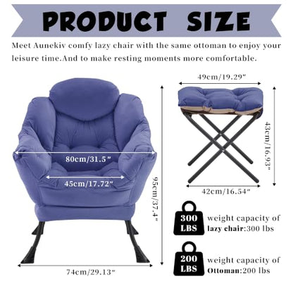 Lazy Chair with Ottoman, Comfy Reading Chair, Dark Blue | Cushioned Seat with Foldable Ottoman and Side Pocket, Lounge Chair for Bedroom, Living Room, Dorm and Small Spaces - color: Darkblue