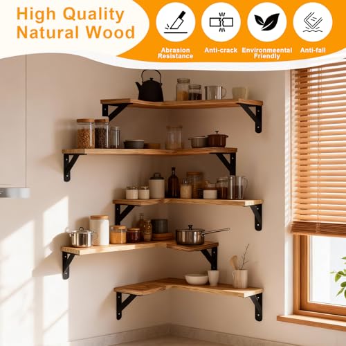 5 Pcs Corner Floating Shelves Set,Wood Wall Mount Corner Shelf | for Wall Room Kitchen Bedroom Bathroom,L-Shaped Wood Shelves Storage Display for Home Decor(Lightly Burnt Brown)