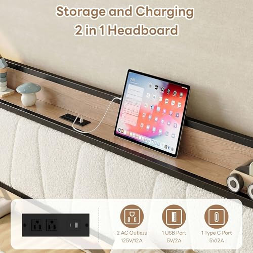 LIKIMIO Twin Daybed, Day Bed Frame with 2 Storage Drawers, Charging Station | Sofa Daybed with Boucle Upholstered Headboard, Storage Shelf & Bag, Strong Supports for Bedroom and Guest Room, Cream