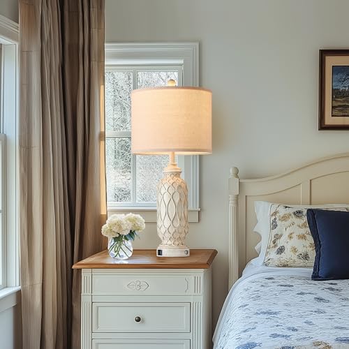 28" Table Lamps for Living Room Set of 2, Farmhouse Lamps for Bedroom with USB Ports, 3-Way Dimmable Nightstand Table Lamp (Bulbs Included) - color: 2.Beige