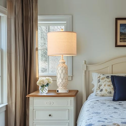 28" Table Lamps for Living Room Set of 2, Farmhouse Lamps for Bedroom with USB Ports, 3-Way Dimmable Nightstand Table Lamp (Bulbs Included) - color: 2.Beige