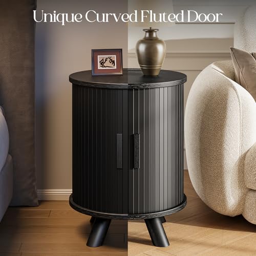 Round End Table with Storage - Fluted Side Table with Charging Station, Wood Nightstand with Sliding Tambour Door for Bedroom, Accent End Tables Living Room, Modern Bedside Table, Black