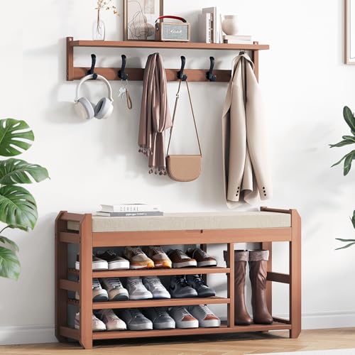 39.4" Bamboo Shoe Bench with Cushion, 6 Hooks Coat Rack, 3-Tier Adjustable Storage Bench for Entryway, Heavy Duty Shoe Rack Organizer with Removable Soft Cushion for Living Room Bedroom Hallway - size: 39.4"