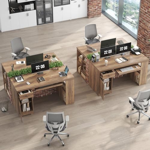 HSH Office Desk with Drawers, Farmhouse Computer Desk with Keyboard Tray | 55 Inch Rustic Wood Work Study Writing Pc Executive Table Studio Desks Home Workstation with Storage Shelves and Cabinet - color: Rustic Oak