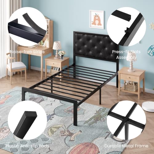 SHA CERLIN Twin Size Metal Bed Frame with PU Tufted Headboard, Black | Modern Design Heavy-Duty Platform Bed, No Box Spring Need, PU Leather Upholstery, Noise Free, Easy Assembly - color: Black, size: Twin