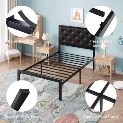 SHA CERLIN Twin Size Metal Bed Frame with PU Tufted Headboard, Black | Modern Design Heavy-Duty Platform Bed, No Box Spring Need, PU Leather Upholstery, Noise Free, Easy Assembly - color: Black, size: Twin