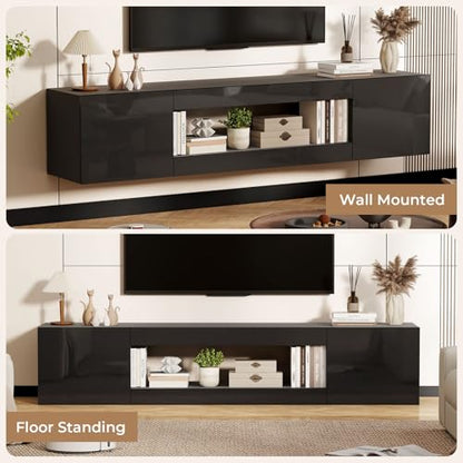 BREEZEHEAT 70'' Floating TV Stand, Wall Mounted TV Cabinet, High Glossy Entertainment Center-Modern Media Console Fits 65-80 Inches TV for Living Room/Bedroom, Remote Control, Black - color: Black