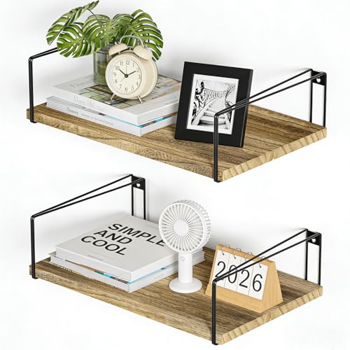 SRIWATANA Deep Floating Shelves for Wall 16''W x 12''D, Carbonized Black | Wide Wood Wall Shelves Set of 2, Large Storage, 40lbs, Easy Wall Mount, for Bedroom Living Room Kitchen Bathroom Decor - color: Carbonized Black