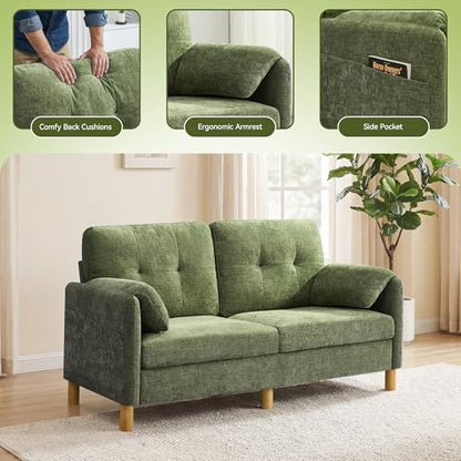 Mid Century Modern Couch, 65" Loveseat Sofa, Green | Storage Pockets, Upholstered Small Loveseat for Small Spaces, Bedroom, Home Office, Apartments - color: Green