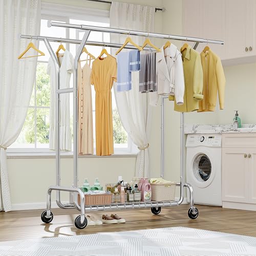 Raybee Heavy Duty Clothes Rack 630 LBS Double Rods Sturdy Shelves & Wheels | Rolling Clothing Rack with 360° Lockable Wheels, Easy Assembly, Portable Adjustable Garment Rack for Home & Commercial - color: Silver