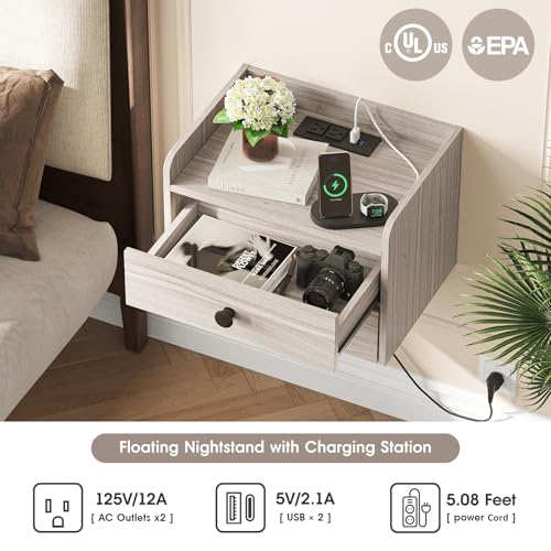 Floating Nightstand Set of 2 with 2 Storage Drawers and Charging Station | Wood Wall Mounted Bedside End Table Modern Night Stands set 2 for Bedroom,Small Space,Grey Black - color: Grey-black