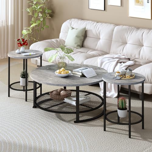 Recaceik Round Coffee Table and End Table Set of 3 with Storage, Modern Vintage Grey Coffee Table and Side Table for Living Room, Office, Apartment, Small Space - color: Round - Grey