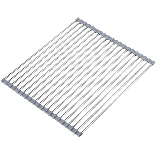 Hhyn Roll Up Dish Drying Rack Over The Sink 17.7"(L) x 15.6"(W), Gray | Multipurpose Foldable Stainless Steel Kitchen Rollable Drainer Rack - size: 17.7"(L) x 15.6"(W)