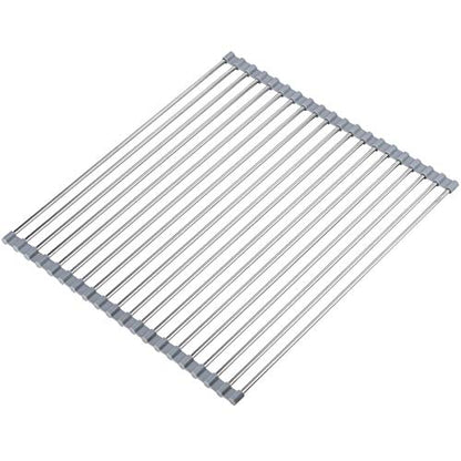 Hhyn Roll Up Dish Drying Rack Over The Sink 17.7"(L) x 15.6"(W), Gray | Multipurpose Foldable Stainless Steel Kitchen Rollable Drainer Rack - size: 17.7"(L) x 15.6"(W)