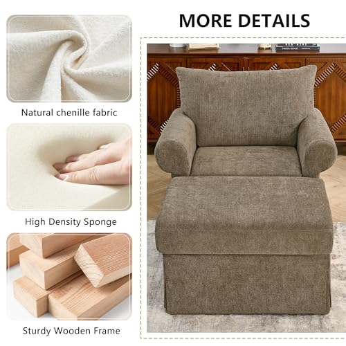 Eafurn Modern Chenille Accent Chair with Ottoman for Small Space, Comfy Upholstered Reading Chairs Lounge Armchair with Foot Rest, Sturdy Solid Wood Frame for Living Room - color: Brown 37.5"