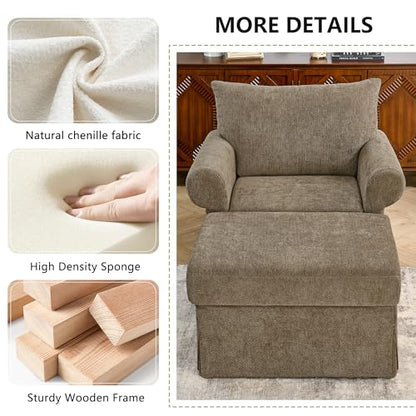 Eafurn Modern Chenille Accent Chair with Ottoman for Small Space, Comfy Upholstered Reading Chairs Lounge Armchair with Foot Rest, Sturdy Solid Wood Frame for Living Room - color: Brown 37.5"